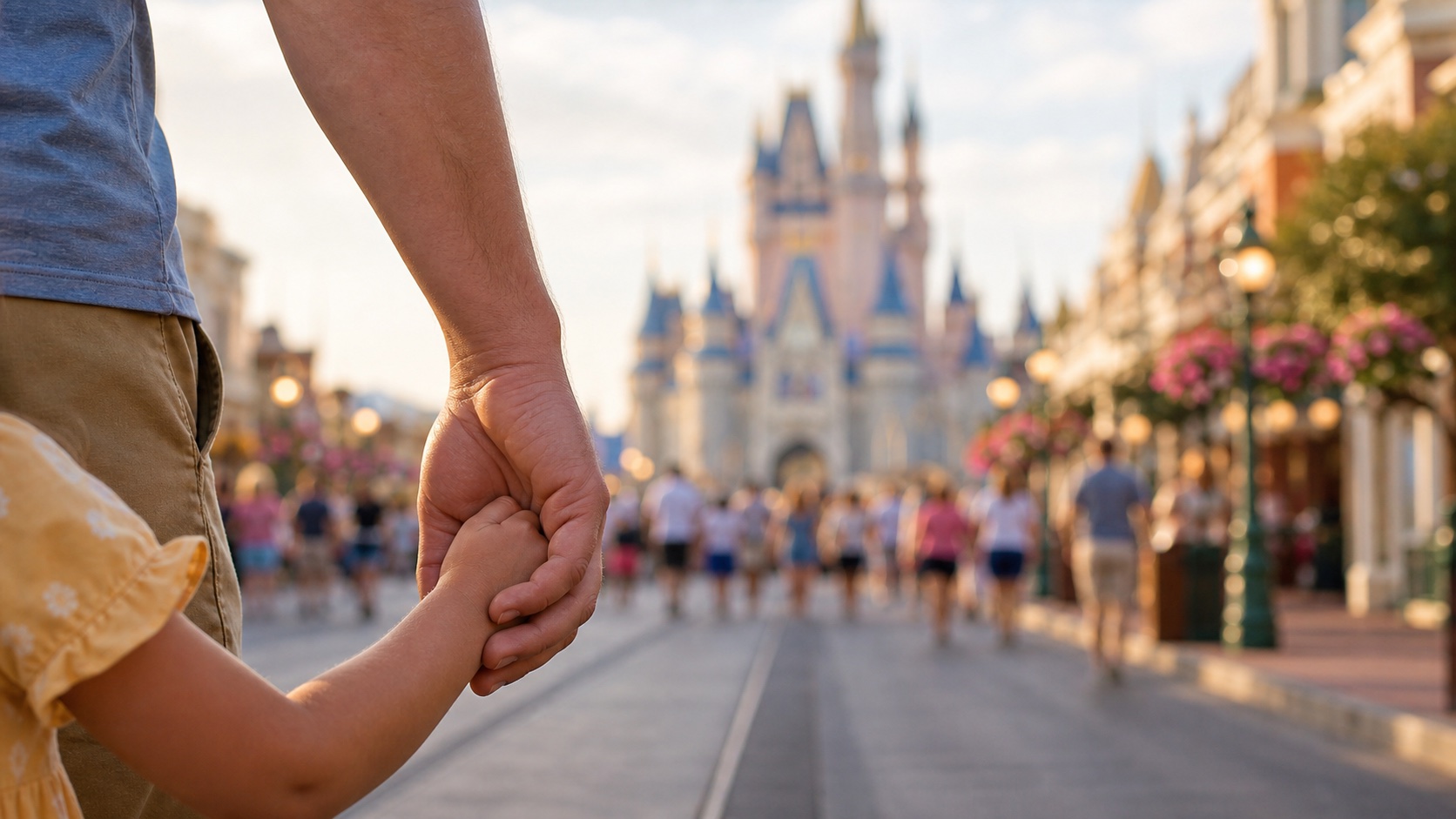 An adult and child walking toward Cinderella Castle