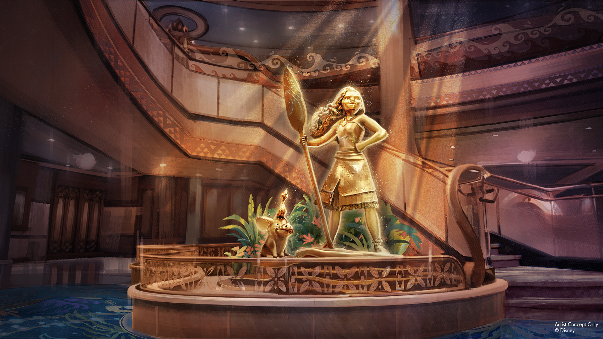 Concept art of the Moana statue in the Disney Believe Grand Hall