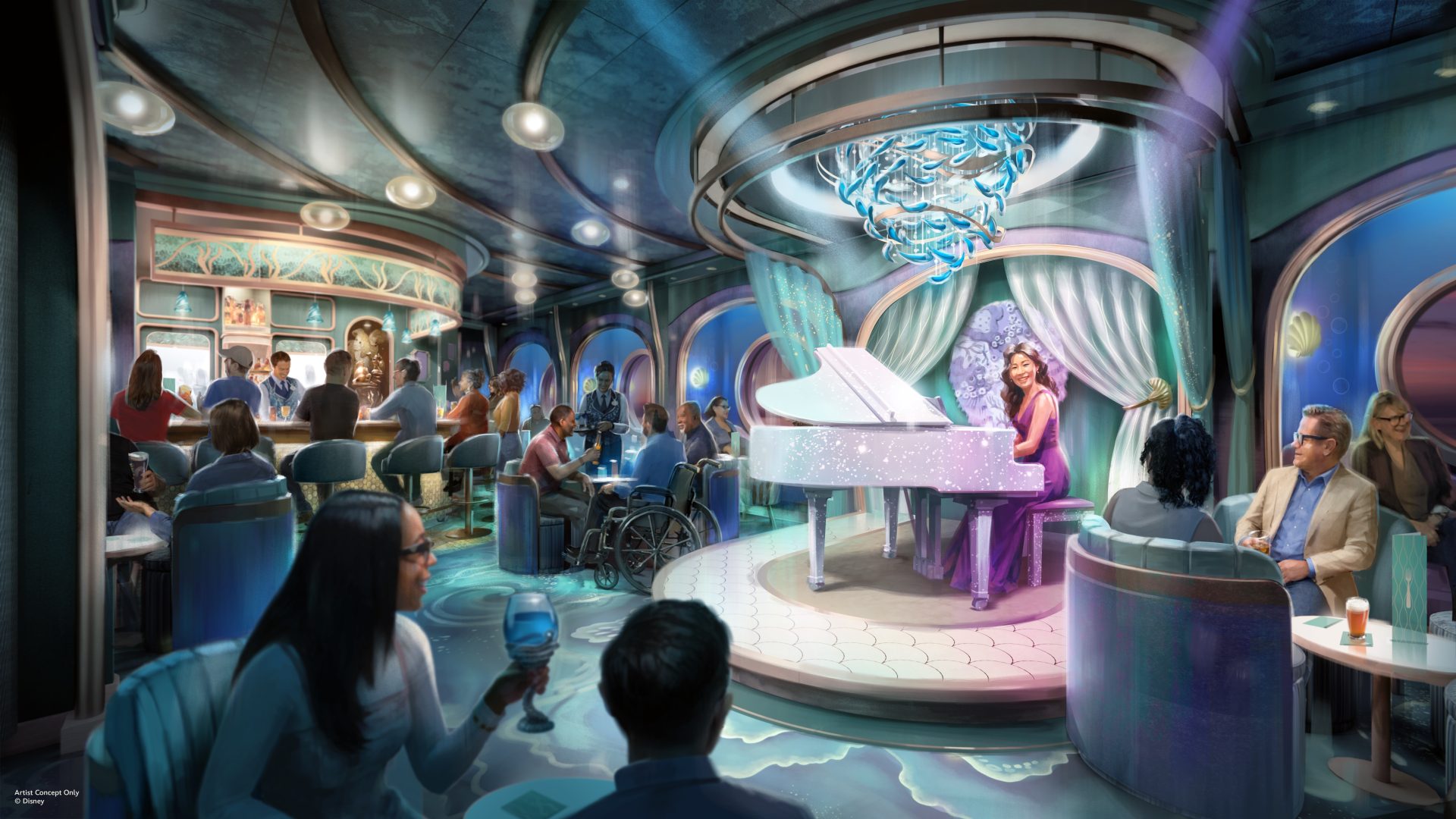 Concept art of the Sea Notes piano lounge aboard Disney Believe