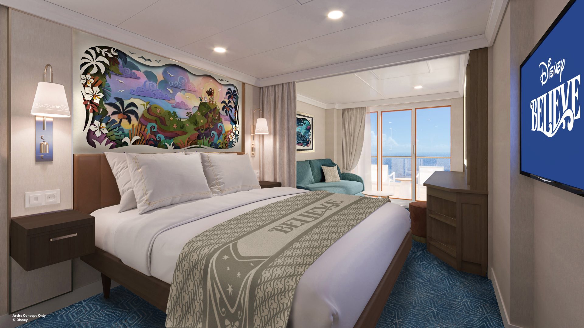 Concept art of a verandah stateroom aboard Disney Believe