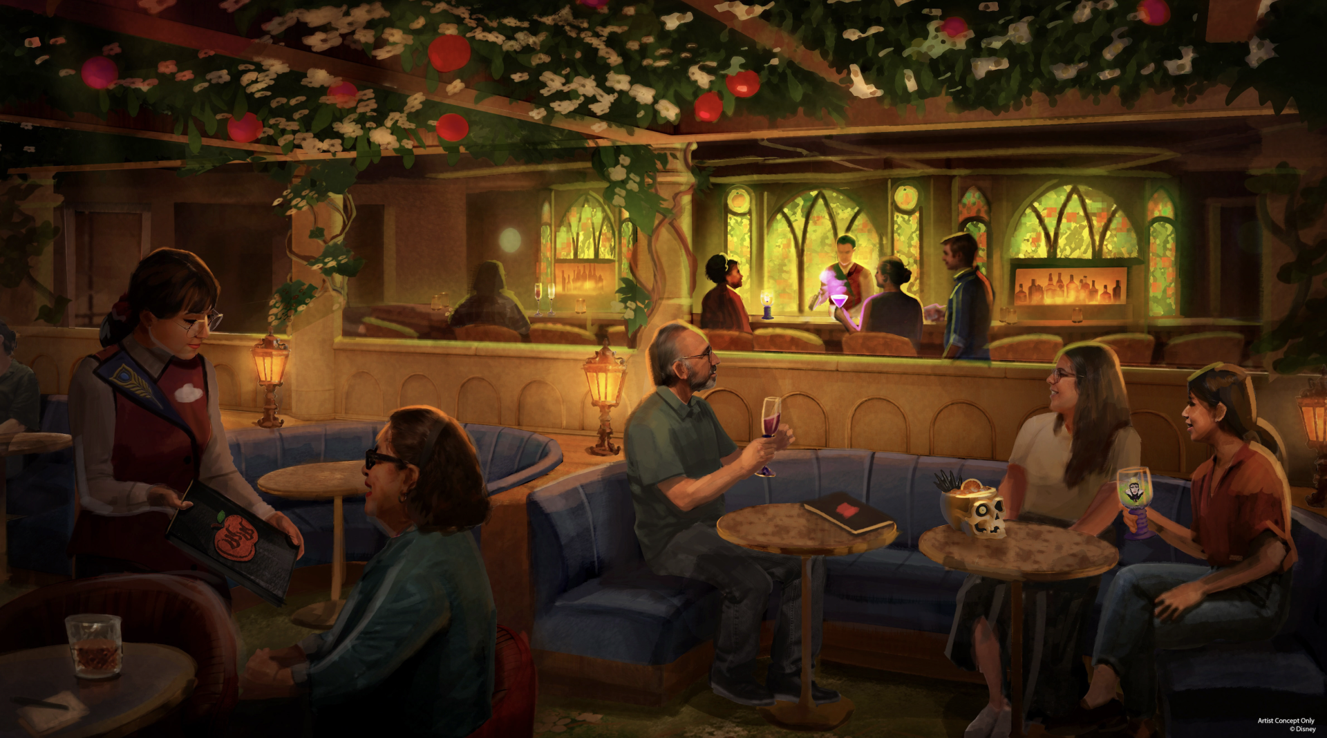 Concept art of the Wishing Well lounge aboard Disney Believe