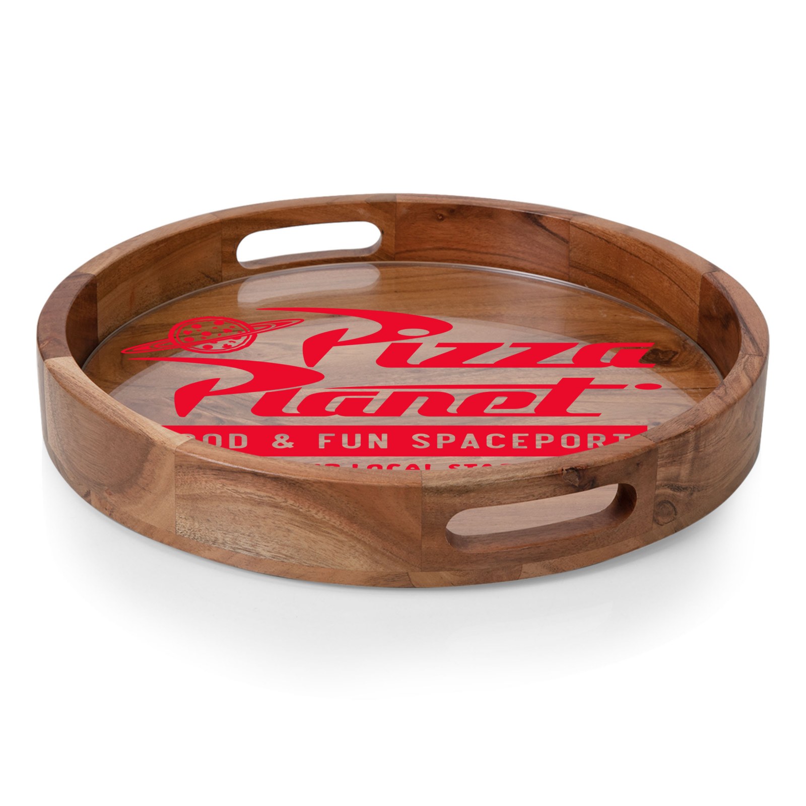 Pizza Planet glass insert beside the serving tray
