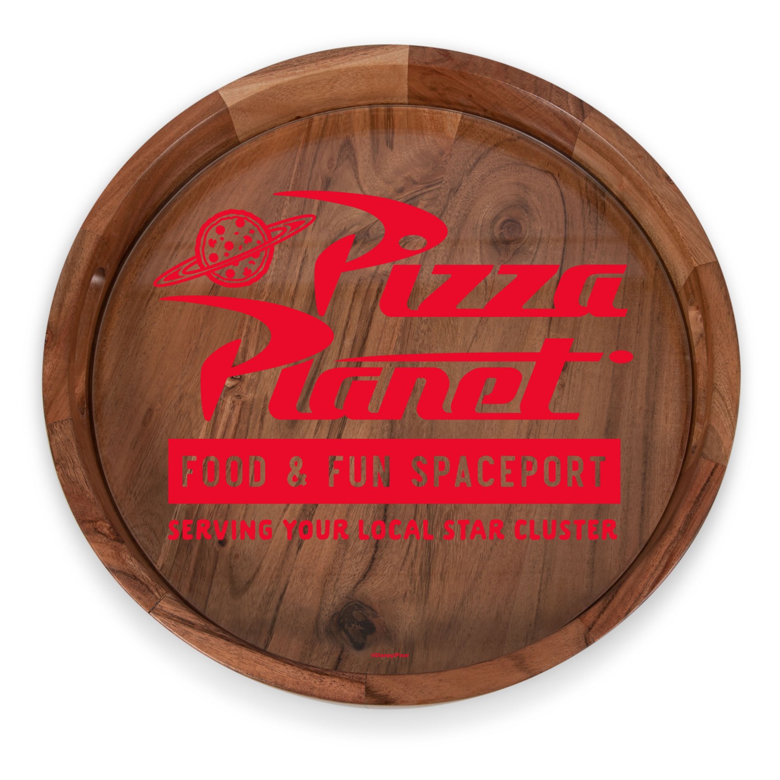 Round Pizza Planet acacia serving tray