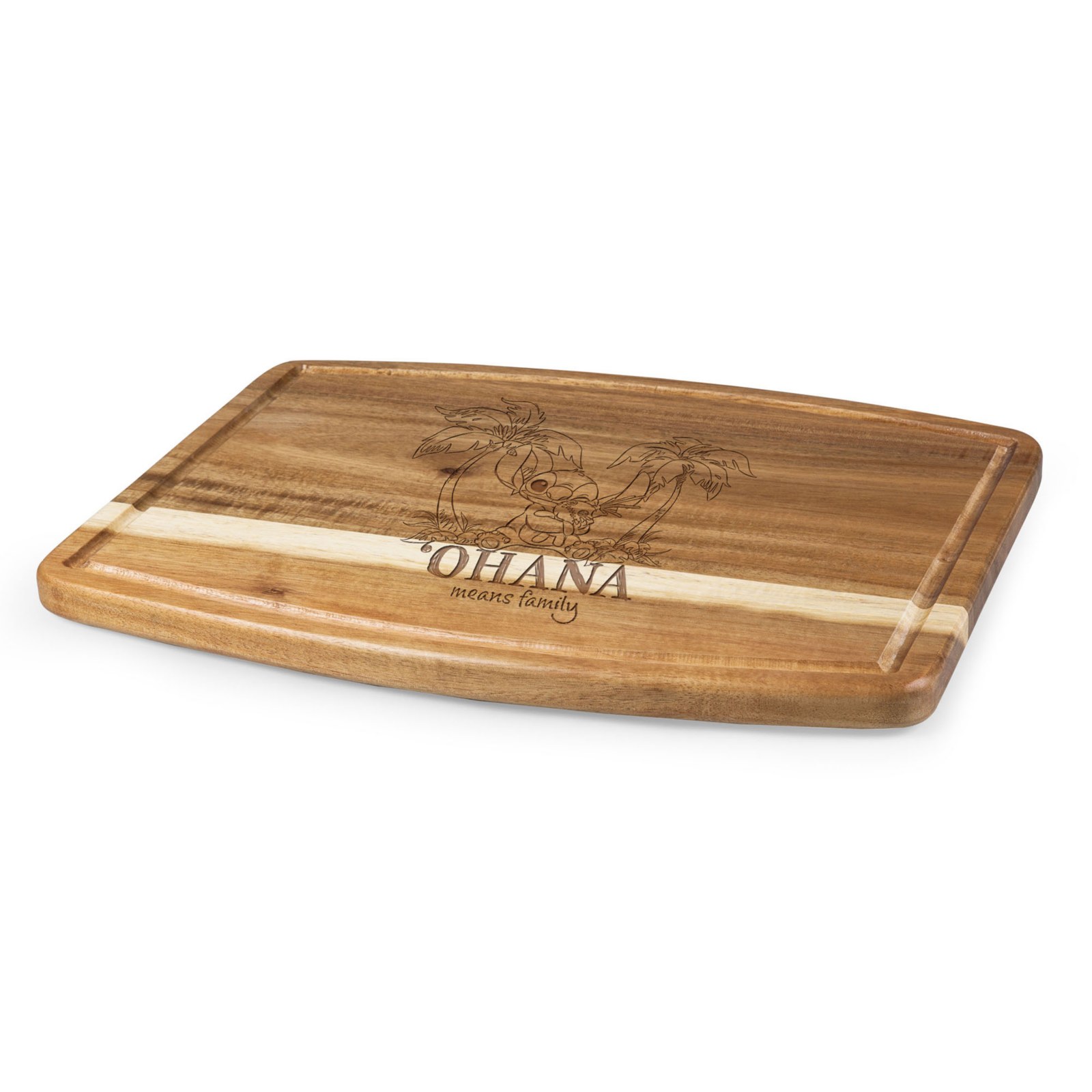 Angled view of the Lilo and Stitch acacia board