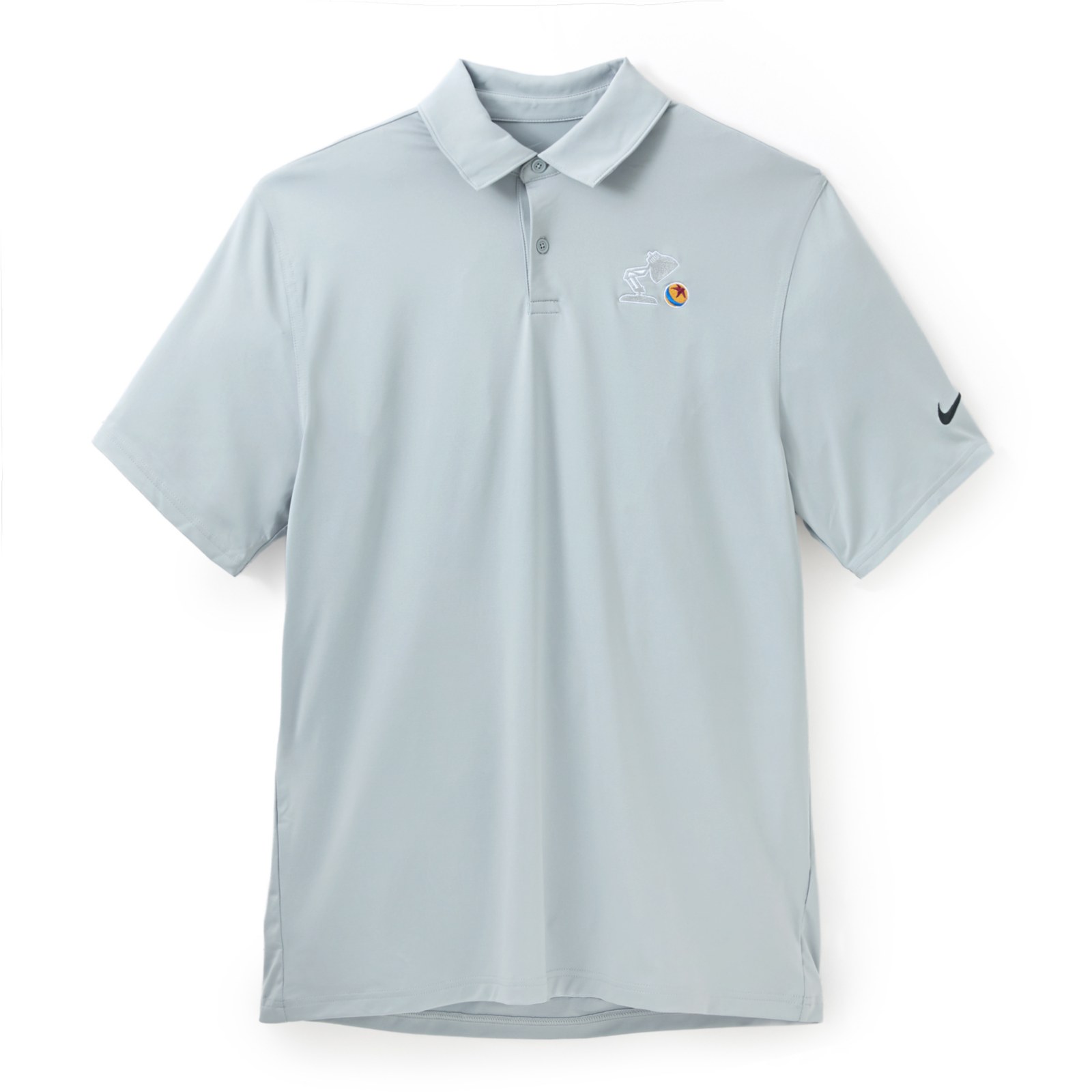 Pale blue Pixar Nike polo with Luxo Jr. and Pixar Ball embroidery