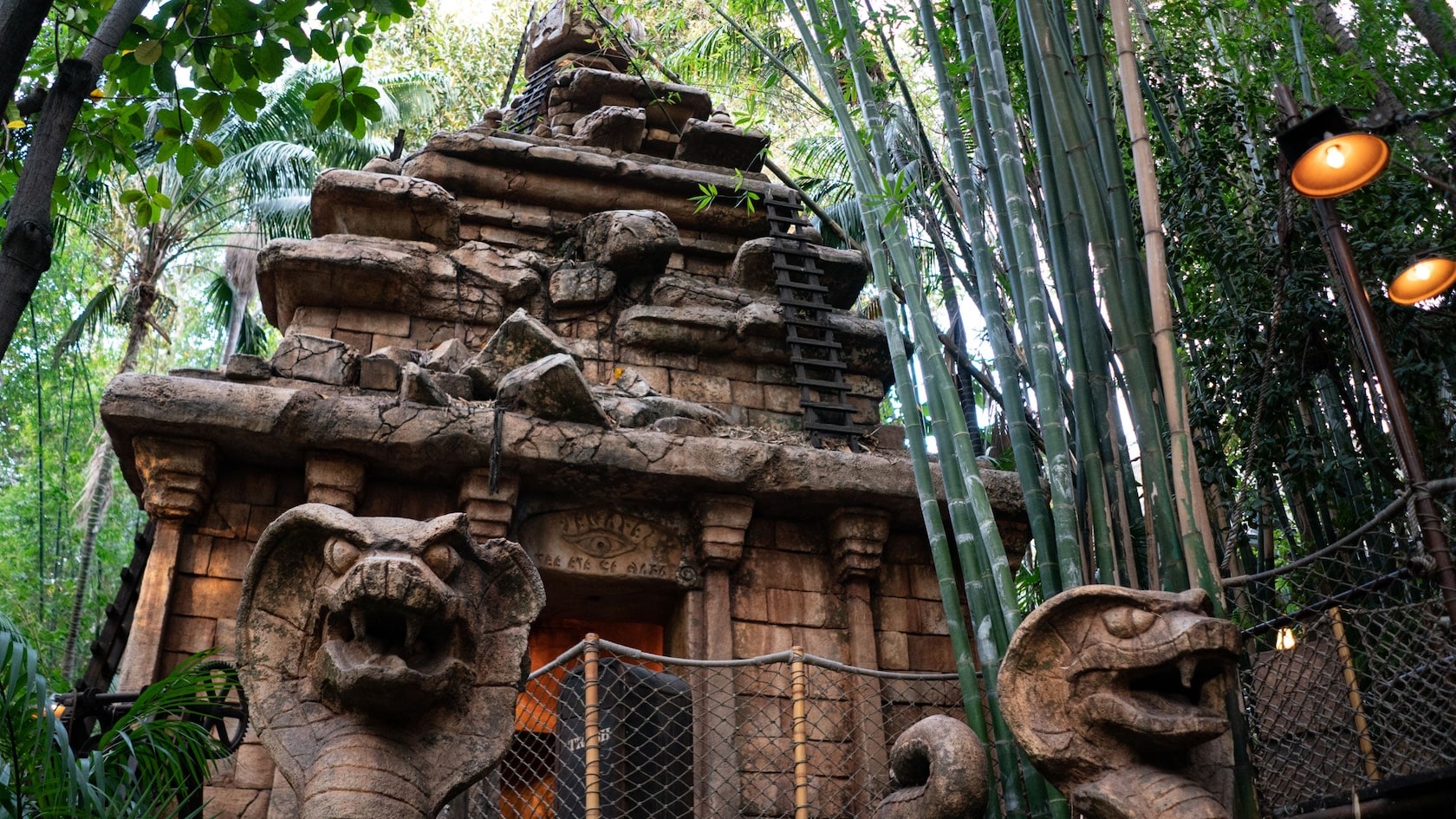 Indiana Jones Adventure temple surrounded by jungle at Disneyland