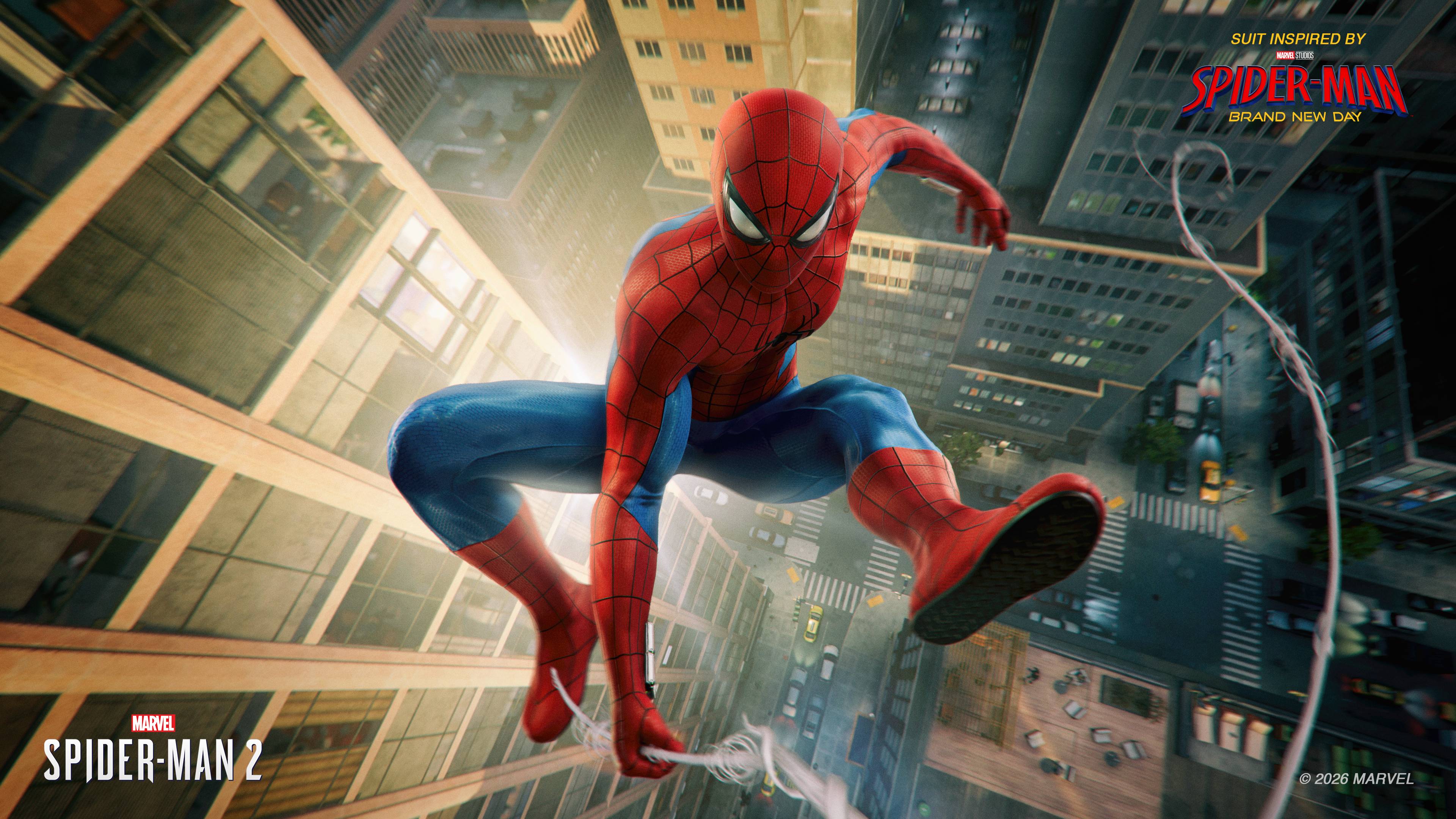 Peter Parker swings through New York in the Fresh Start suit in Marvel's Spider-Man 2