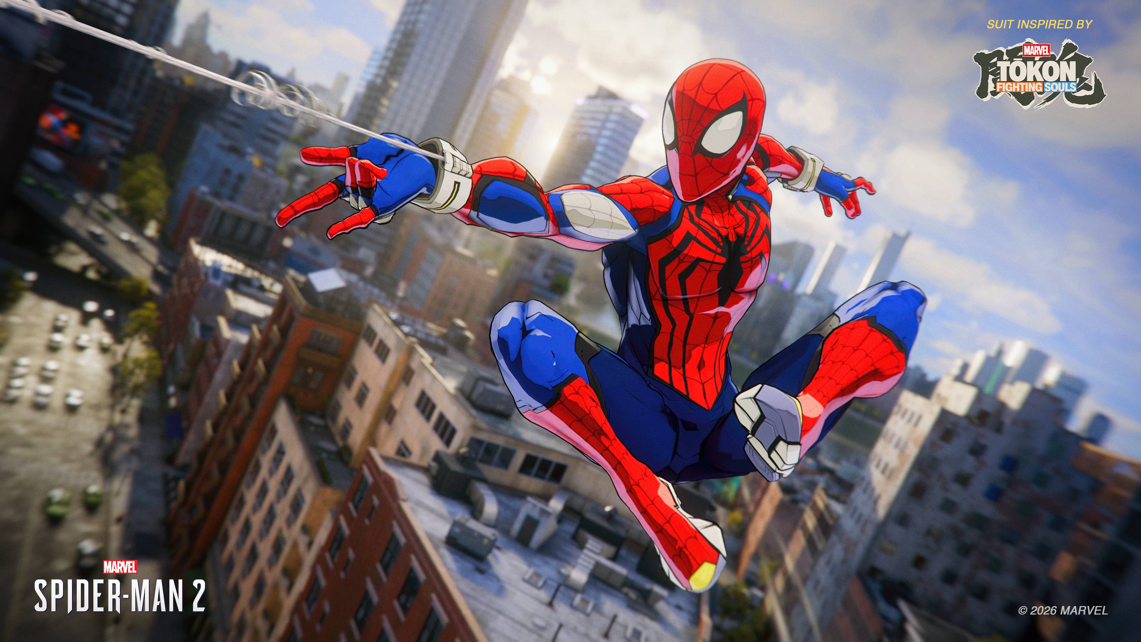 Peter Parker wearing the animated Marvel Tōkon suit while shooting a web