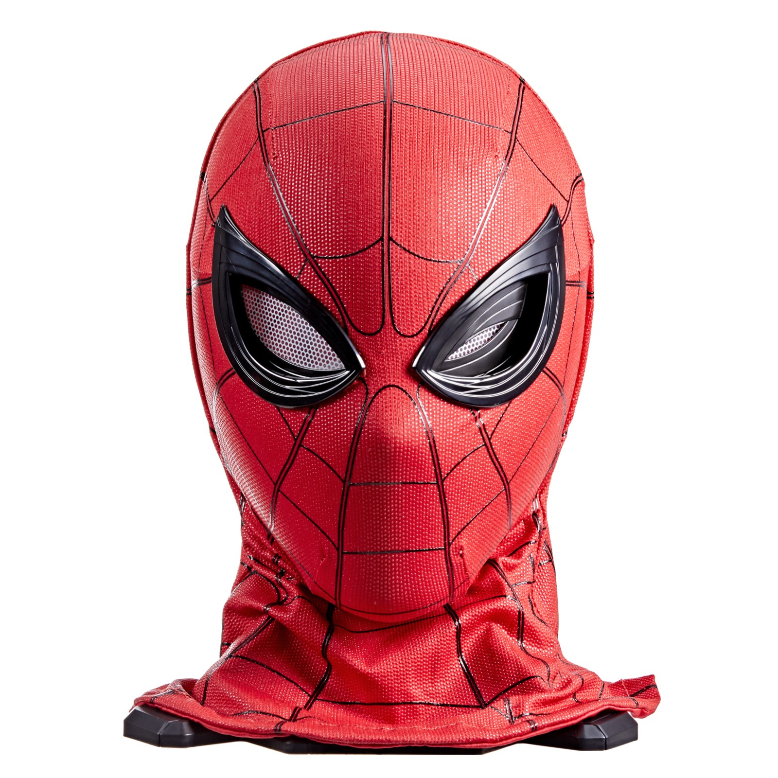 Front view of the Spider-Man expressive mask on its stand