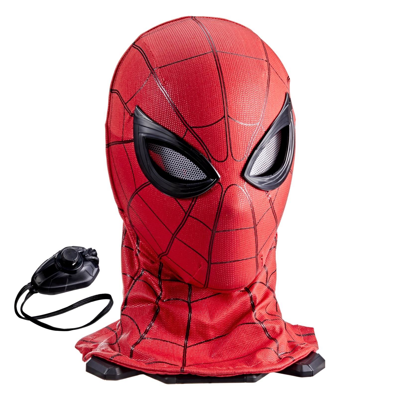 Spider-Man expressive mask and remote control on white background