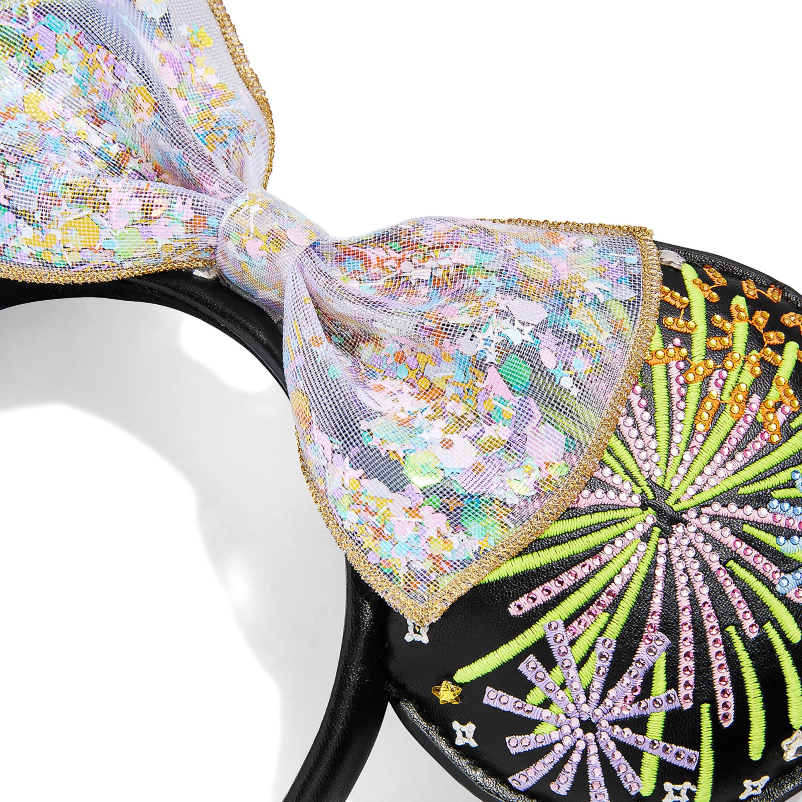 Side profile of the black fireworks Minnie Mouse ear headband