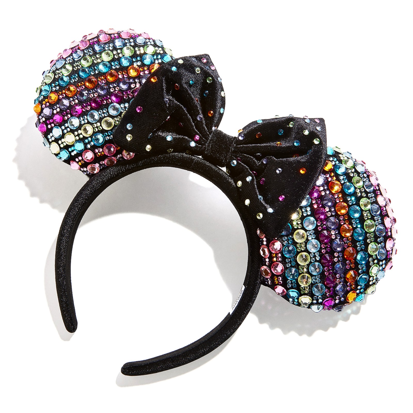 Angled view of the multicolored crystal Minnie Mouse ear headband