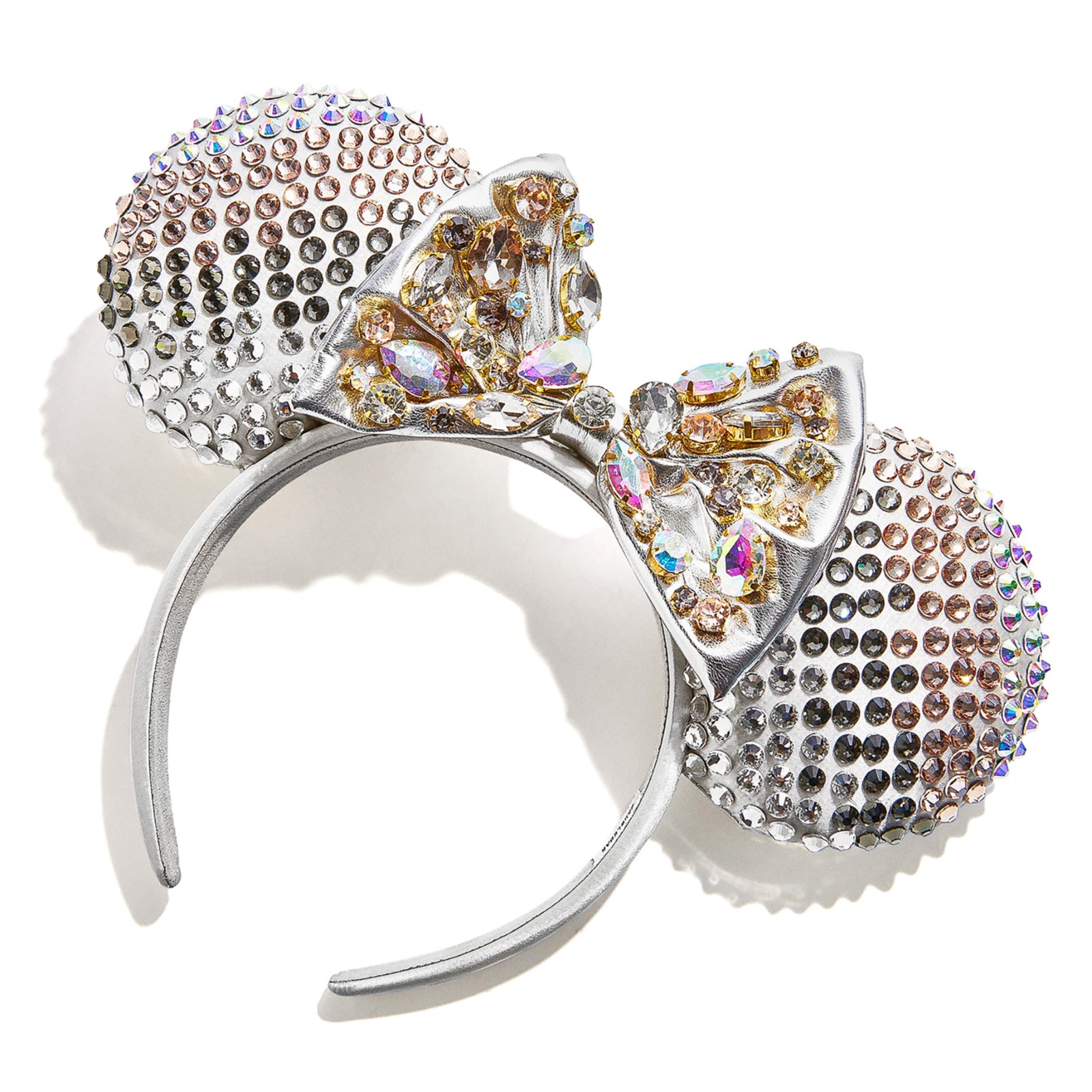 Side profile of the silver crystal Minnie Mouse ear headband
