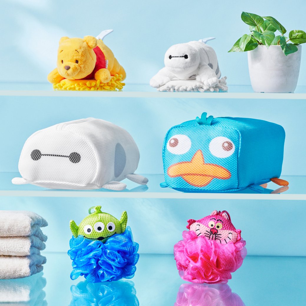 Baymax, Pooh, Perry and other Disney characters shown in Disney Store Japan’s Bath and Laundry product photo