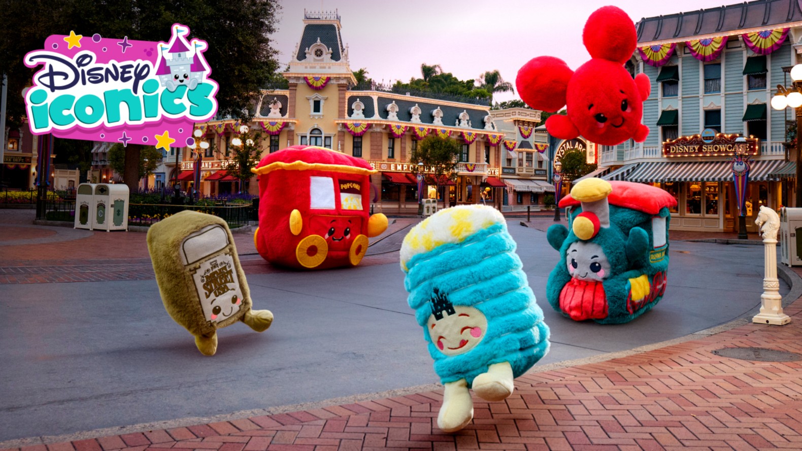 Disney Iconics plush including a popcorn cart, trash can, train, castle and Mickey Mouse balloon