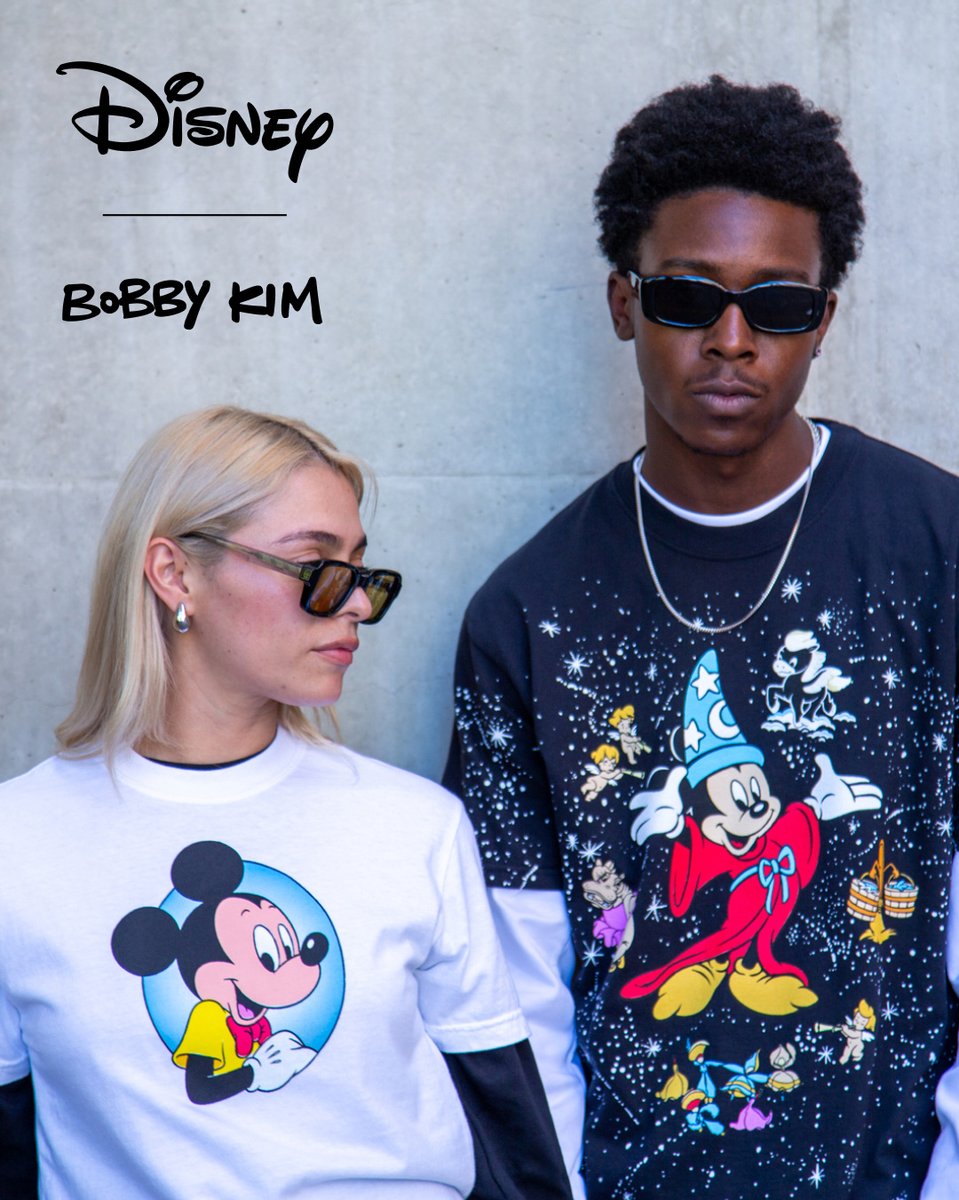 Models wearing Disney animated classics T-shirts in the Bobby Hundreds collection preview