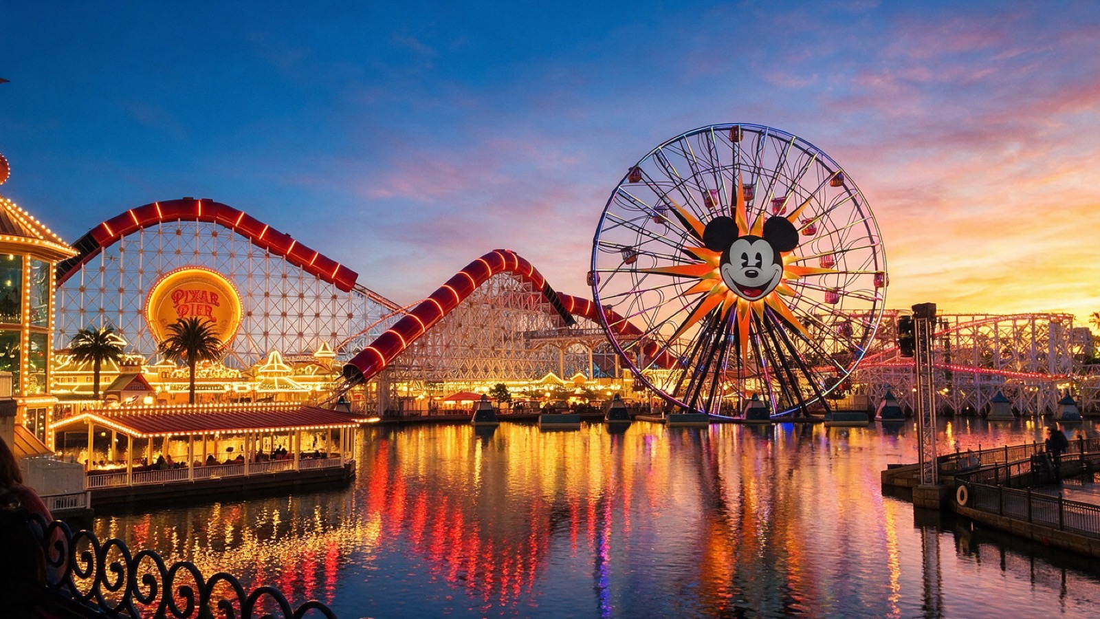 Disney California Adventure park skyline with Pixar Pier and the Incredicoaster