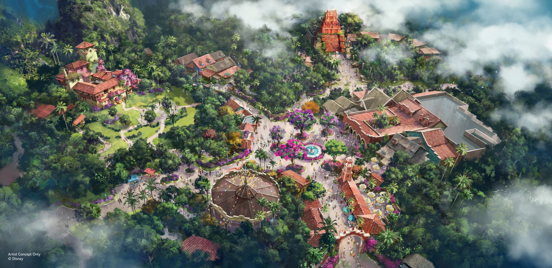 Artist concept of Tropical Americas at Disney's Animal Kingdom with the Indiana Jones temple in the distance