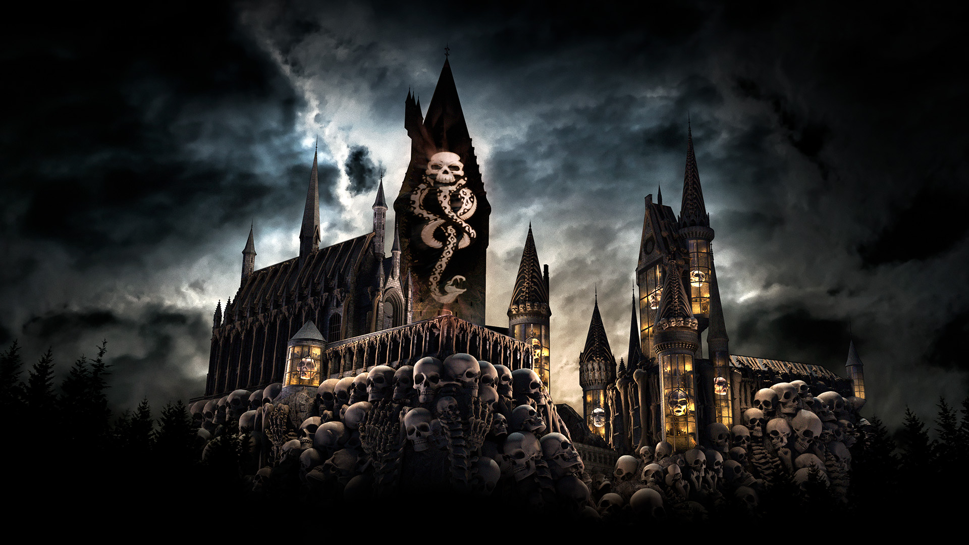 Dark Arts projection imagery covering Hogwarts Castle at Universal Orlando