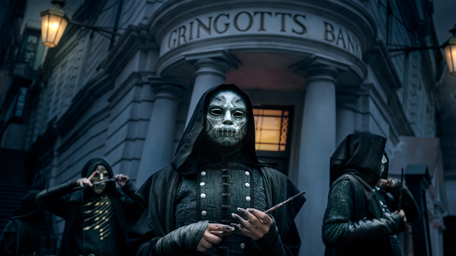 A Death Eater stands in front of Gringotts Bank at Universal Orlando