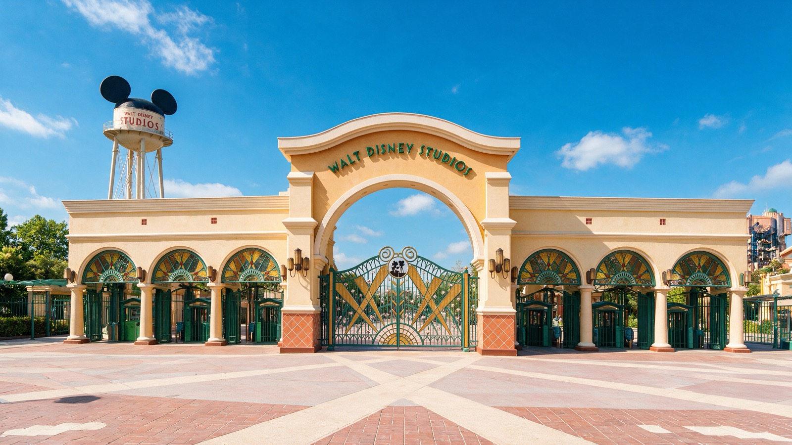 Entrance arch and water tower at Walt Disney Studios Park in Disneyland Paris