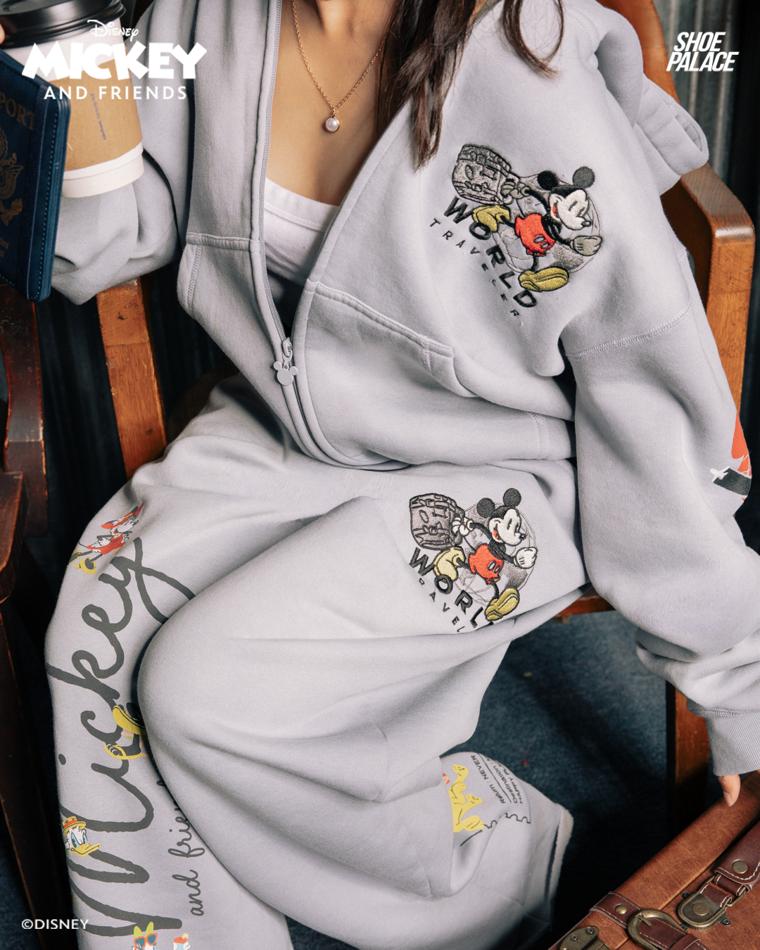 Mickey and Minnie Traveler Collection hoodie and sweatpants set in gray with globe and travel graphics