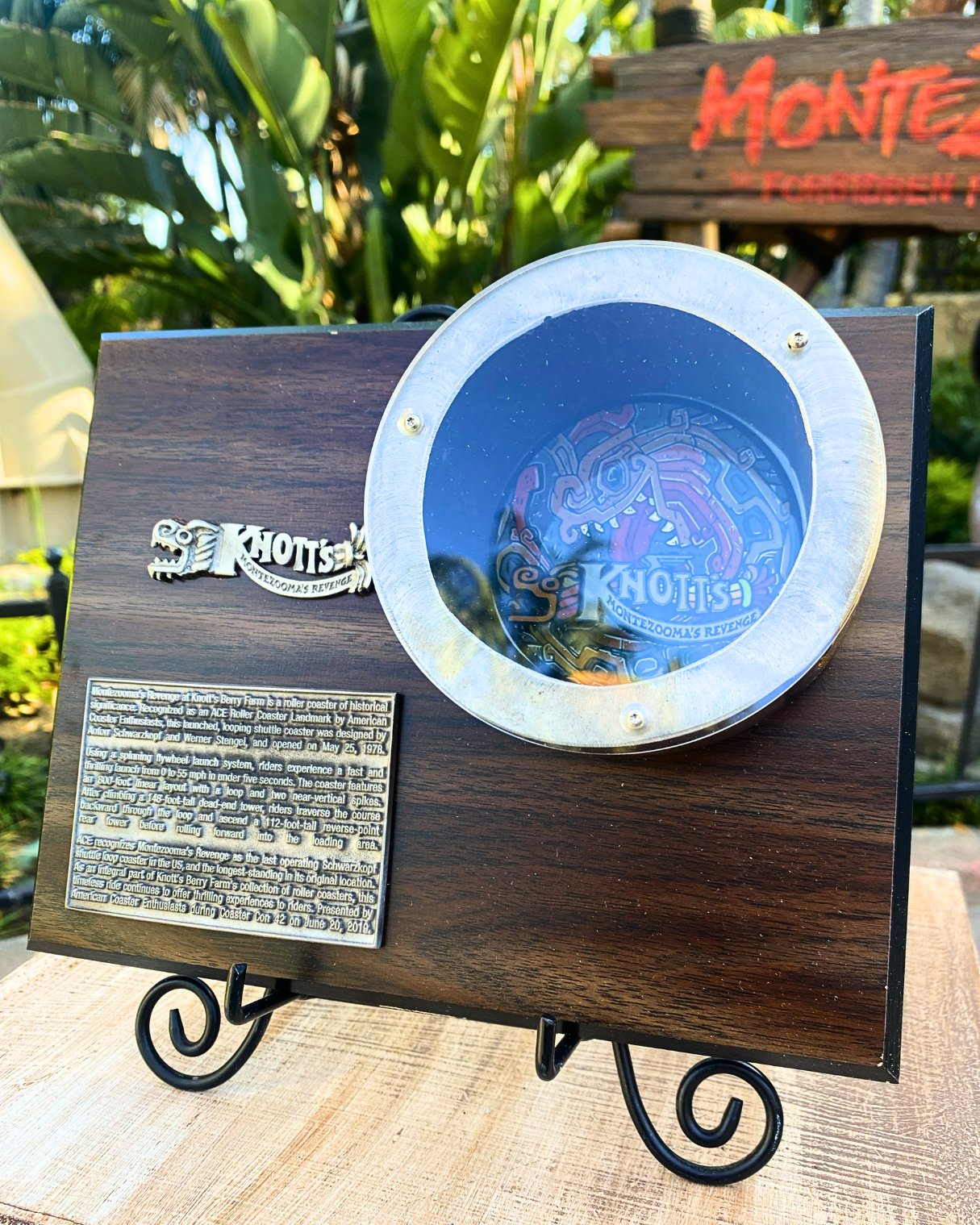 Original Montezooma&rsquo;s Revenge track pieces displayed with a Knott&rsquo;s Berry Farm history plaque