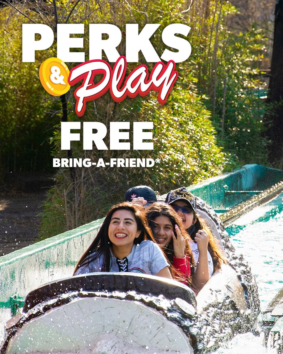 Perks and Play Bring-A-Friend artwork with guests riding a water attraction