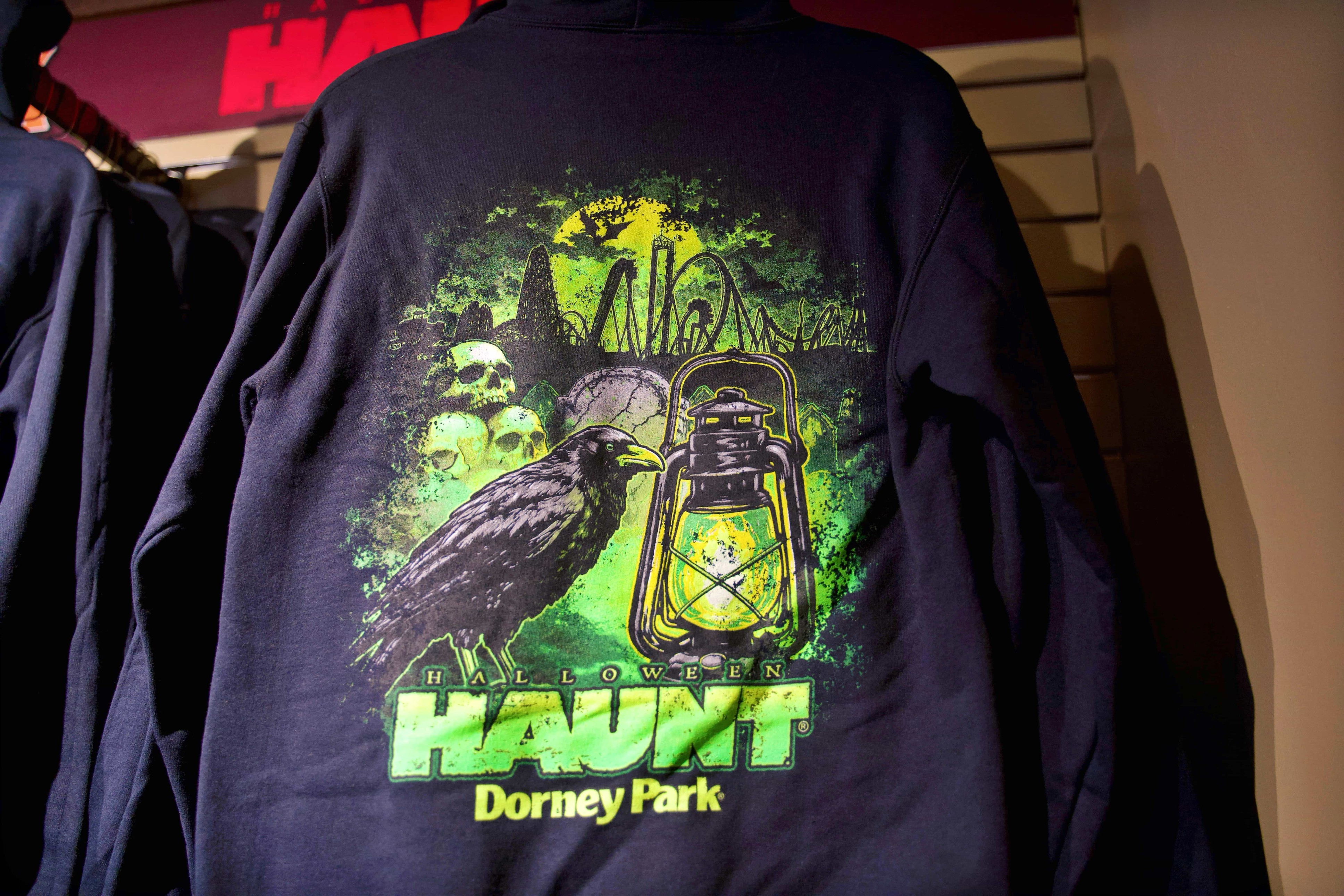 Black Dorney Park HAUNT hoodie with green crow, skull and lantern artwork