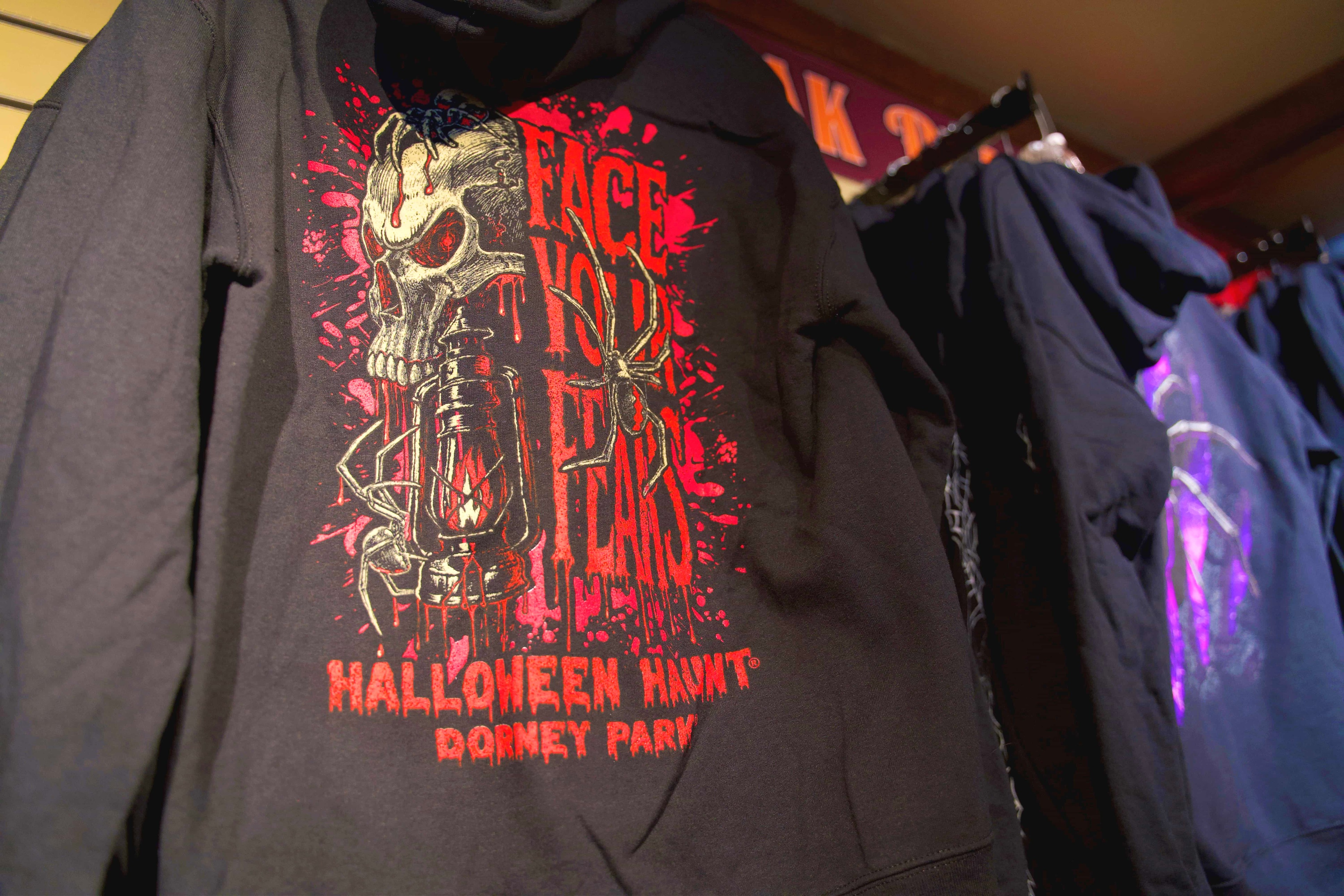 Dark Dorney Park Halloween Haunt hoodie with red skull and Face Your Fears lettering