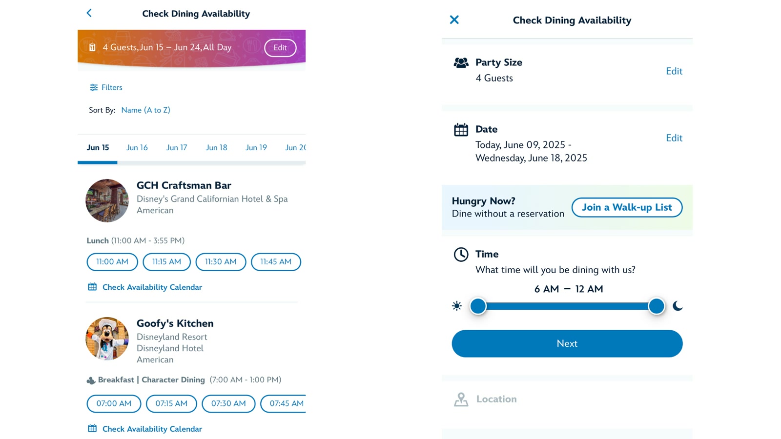 My Disney Experience dining search showing restaurants, date-range availability, and a time slider