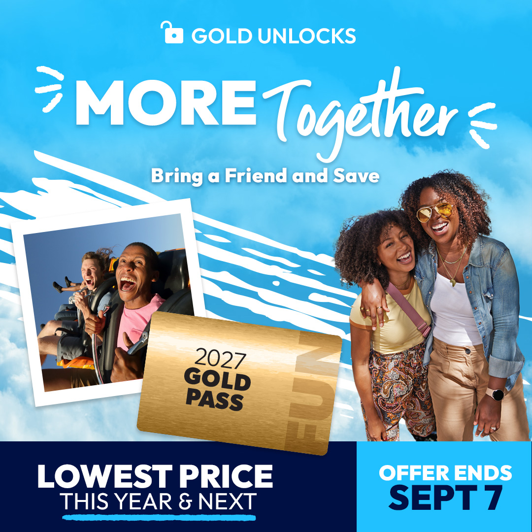 Kings Dominion 2027 Gold Pass artwork with Bring a Friend and Save message
