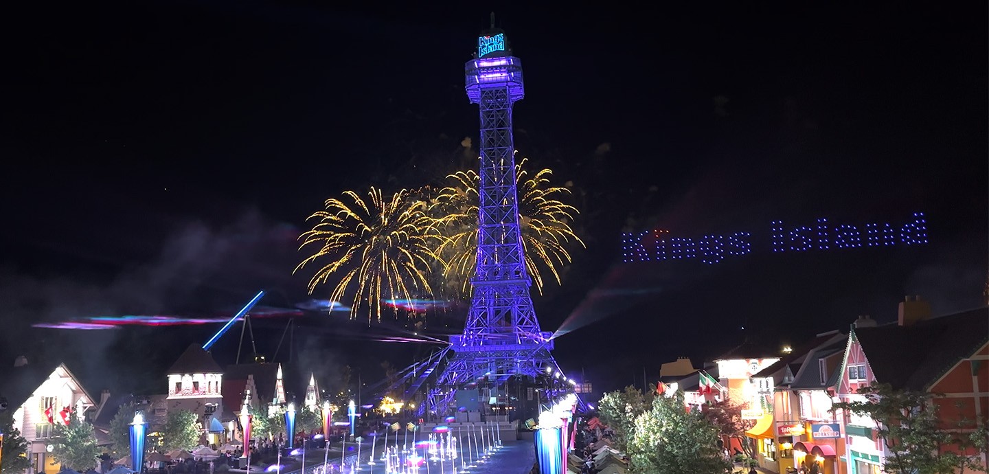 Fireworks, drones and lasers over Kings Island's Eiffel Tower during the Nighttime Spectacular