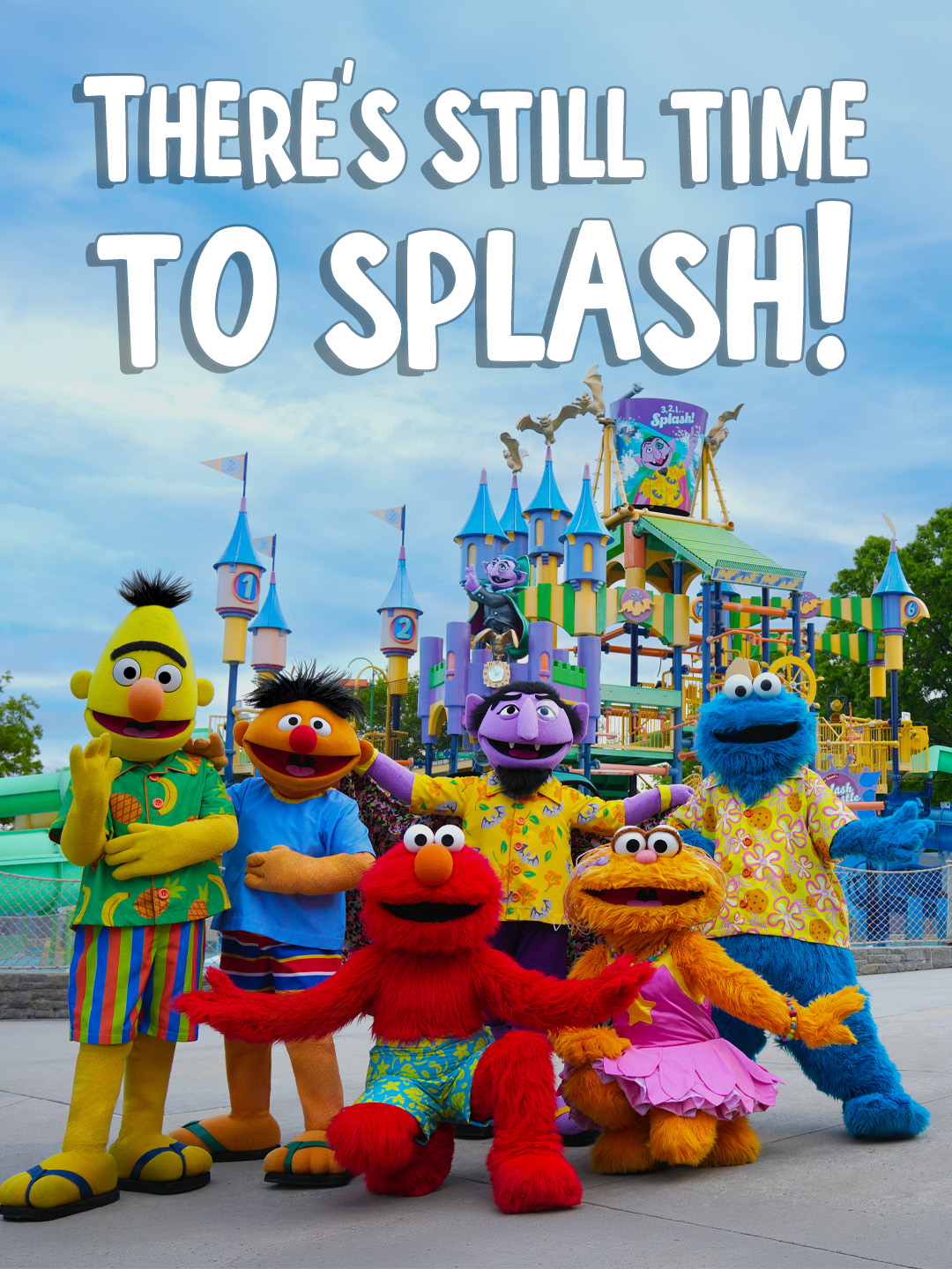 Sesame Place Philadelphia's There's Still Time to Splash graphic with Sesame Street characters and a water-play area
