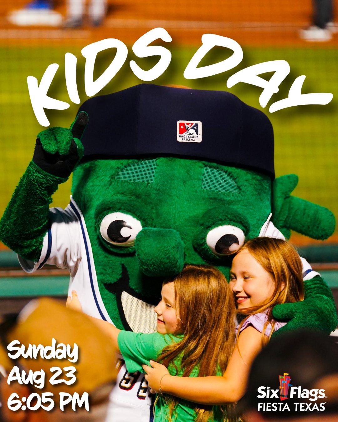 San Antonio Missions Kids Day artwork with mascot and children, Sunday Aug. 23 at 6:05 p.m.