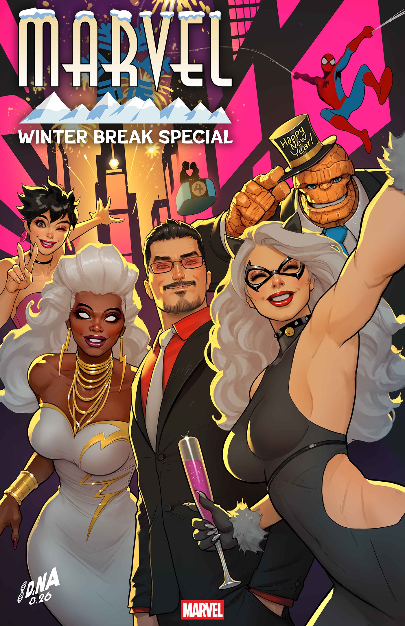 Cover art for Marvel Winter Break Special 2026 #1 showing Spider-Man and Marvel heroes at a New Year's celebration