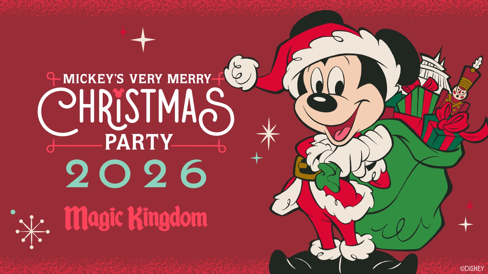 Mickey’s Very Merry Christmas Party 2026 artwork with Mickey Mouse in holiday clothes