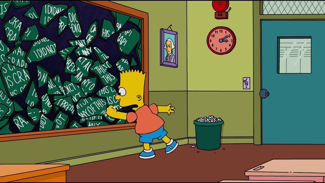 Bart Simpson reaches toward a wall of shattered green screens in The Simpsons' Yellow Mirror trailer
