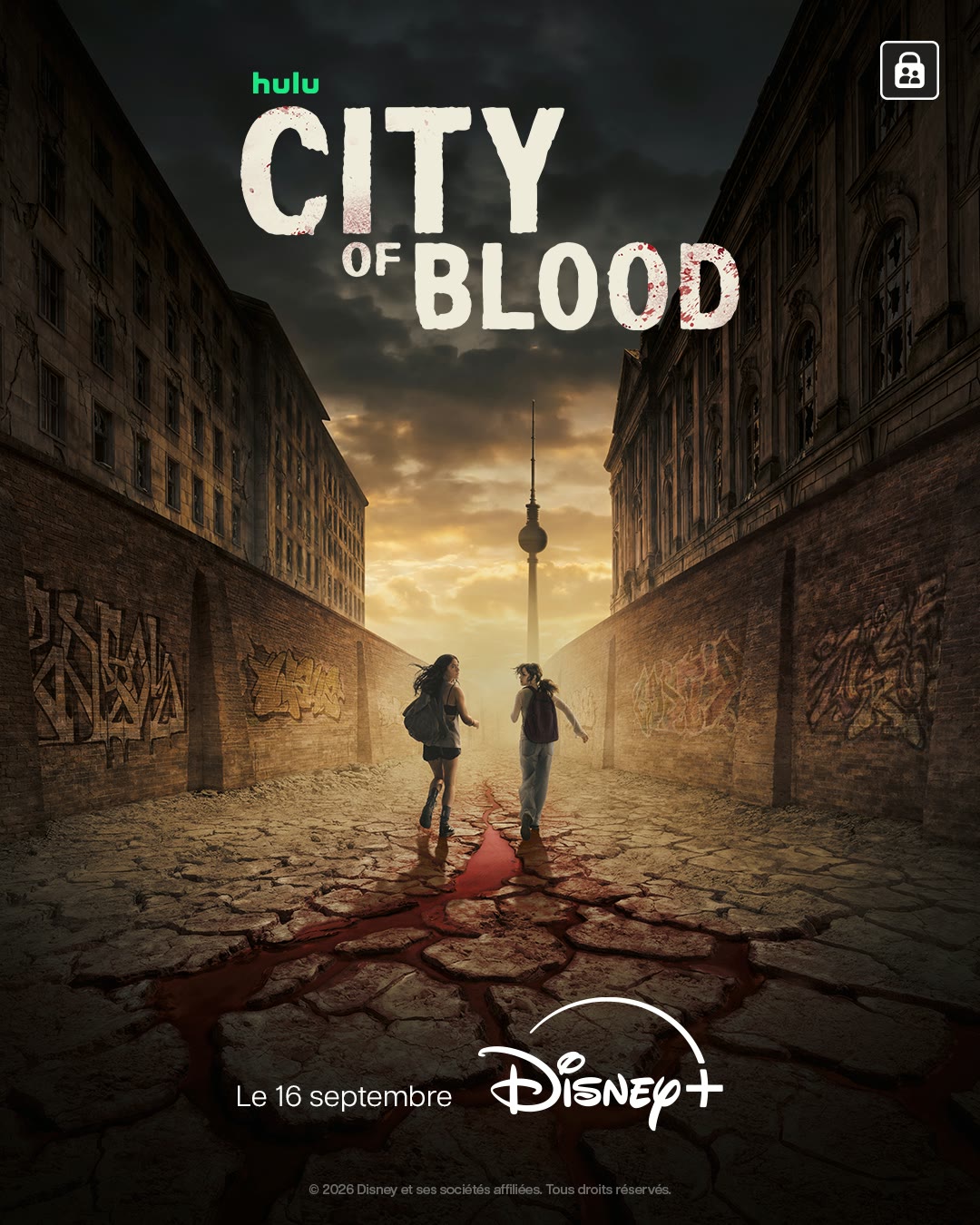Official City of Blood poster showing two sisters in a dystopian Berlin street