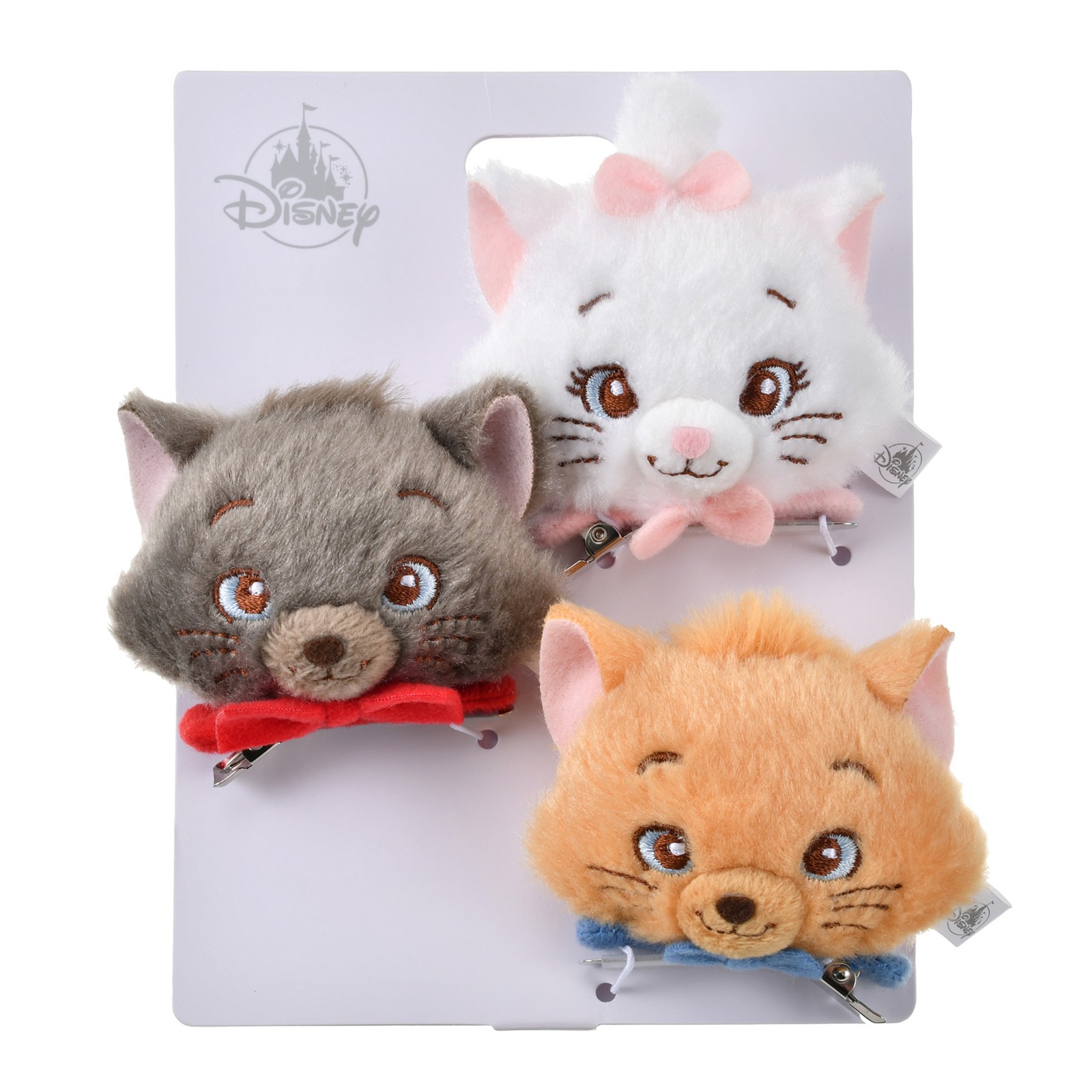 Marie, Berlioz and Toulouse plush-face hair clips in an official product photo