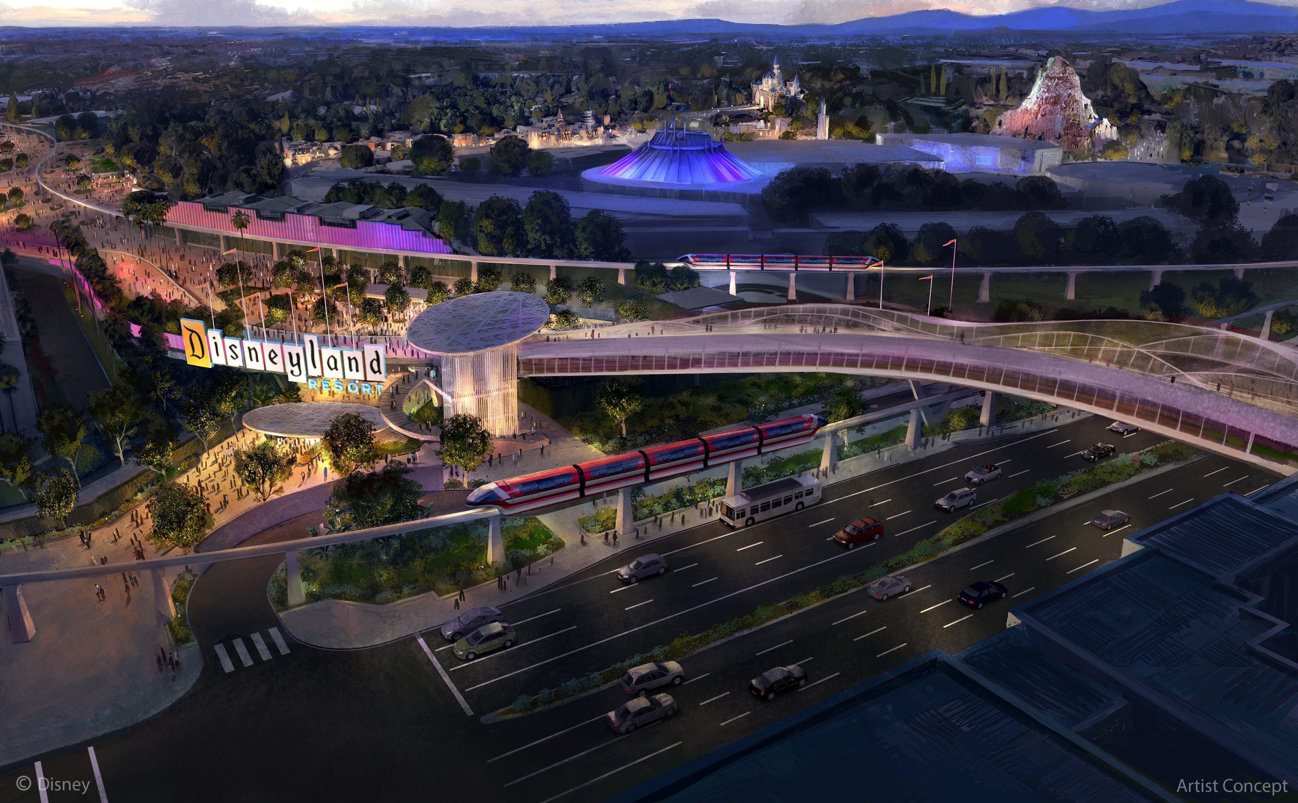 Artist concept of the Disneyland Eastern Gateway arrival experience with a pedestrian bridge, transit, and parking access
