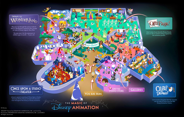 Disney Experiences overview graphic for The Magic of Disney Animation with the Open House area labeled in the center