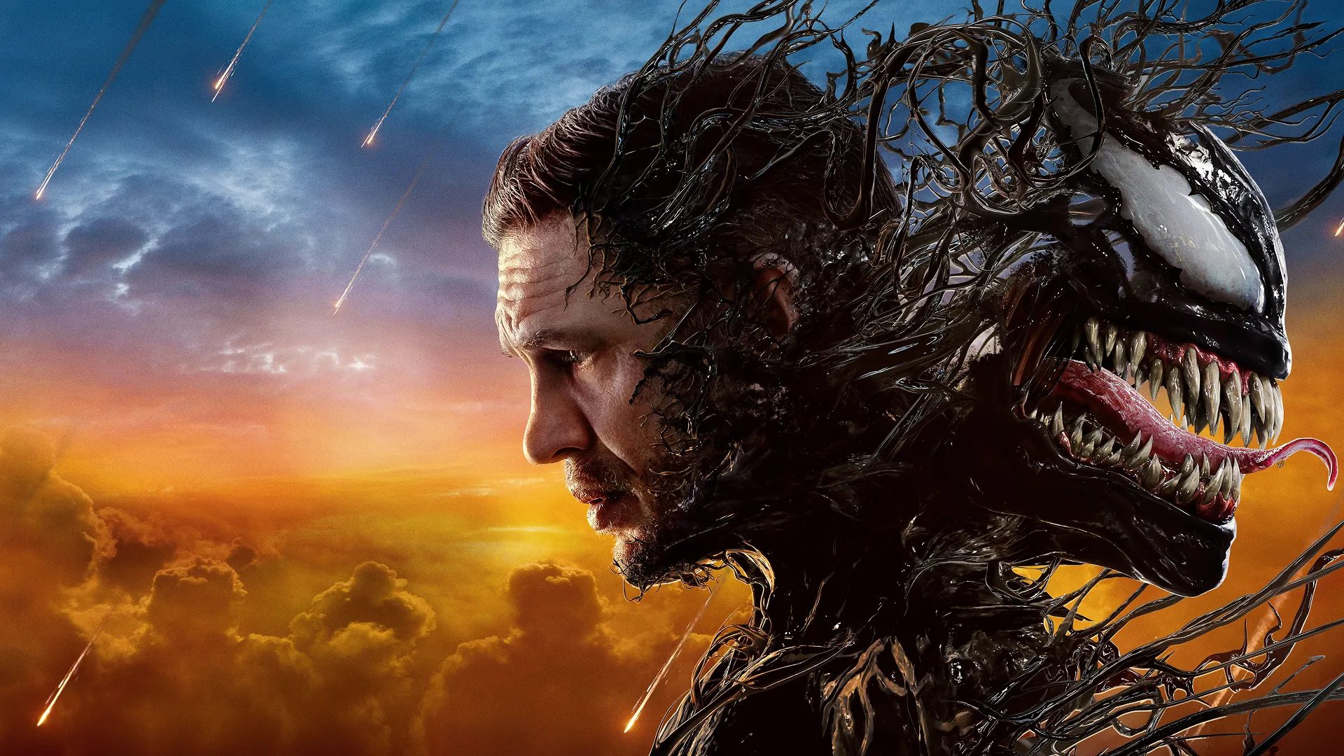Tom Hardy as Eddie Brock alongside Venom beneath a sky filled with falling objects