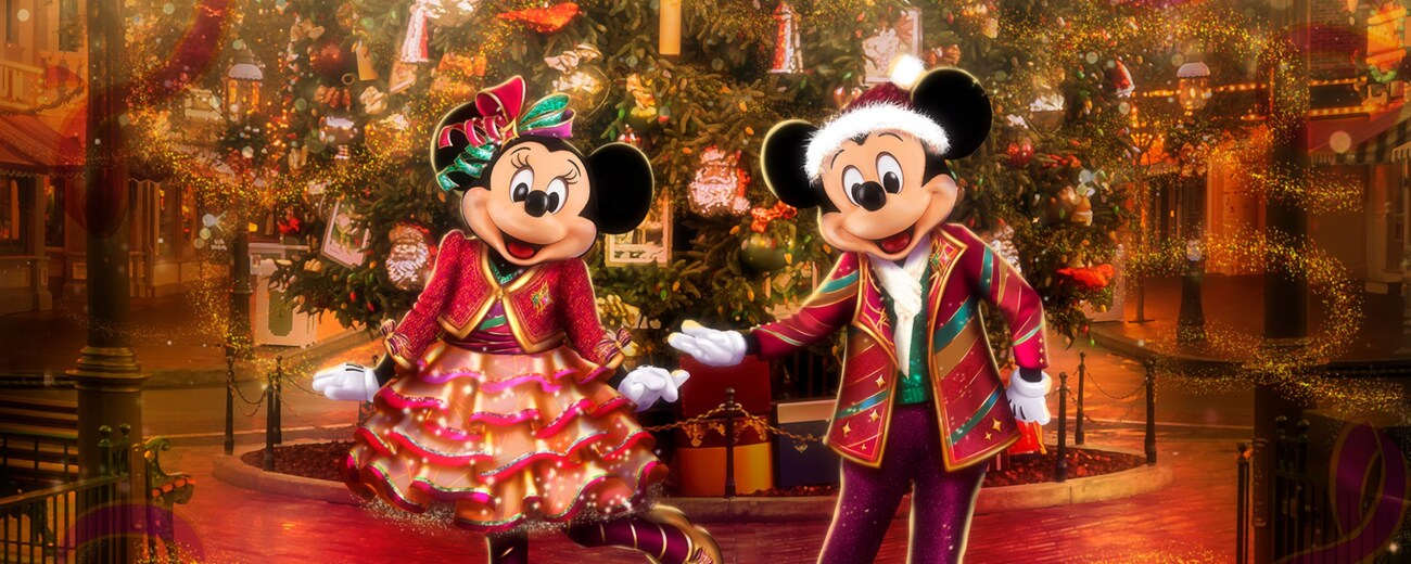 Mickey Mouse and Minnie Mouse in new holiday attire at Disneyland Resort
