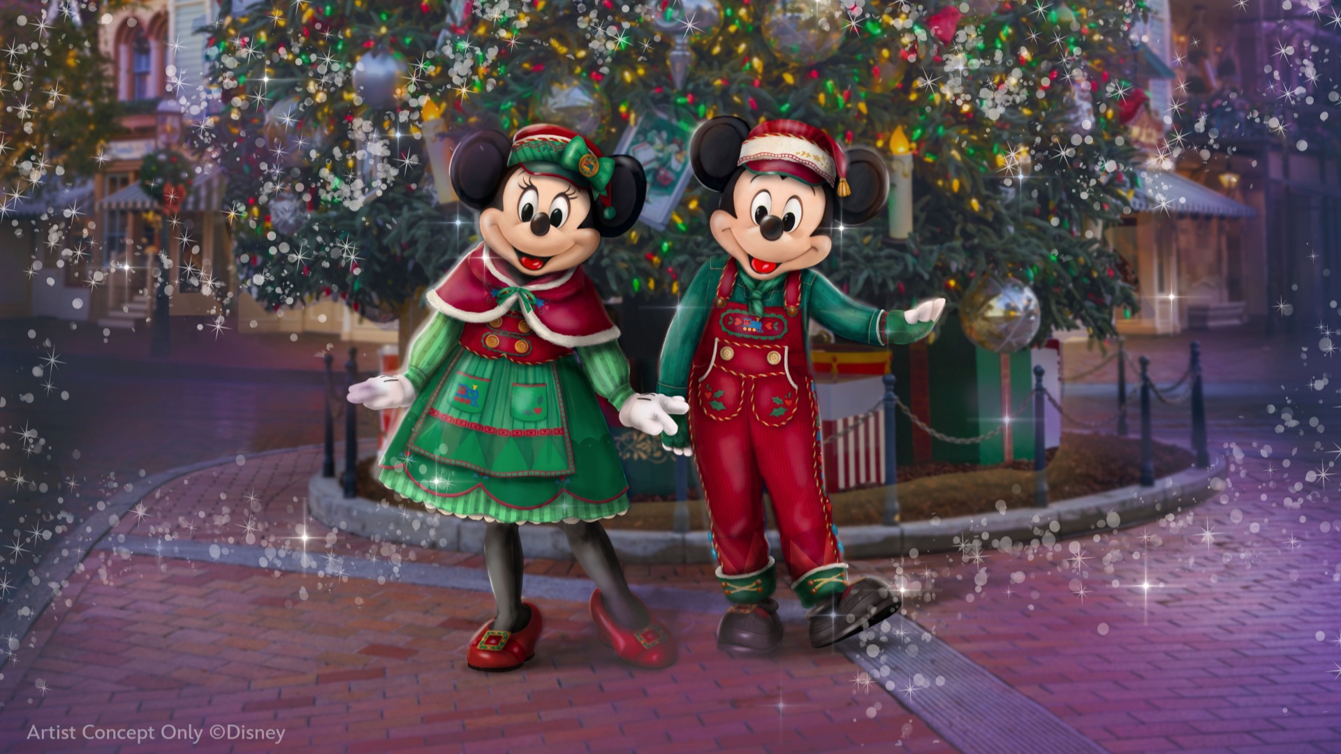 Mickey Mouse and Minnie Mouse in new holiday attire at Disneyland
