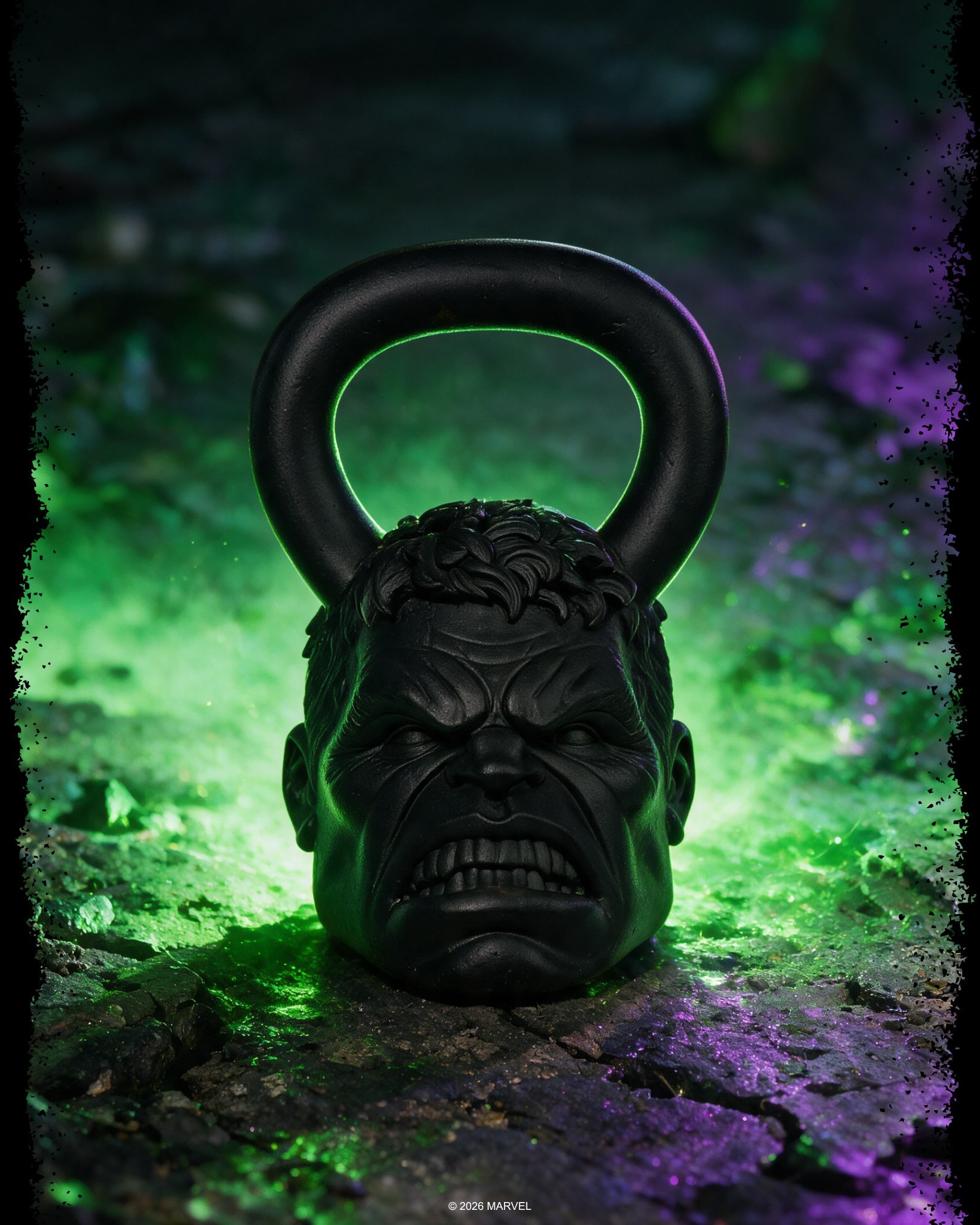 Hulk character kettlebell with a green-lit circular handle and sculpted face