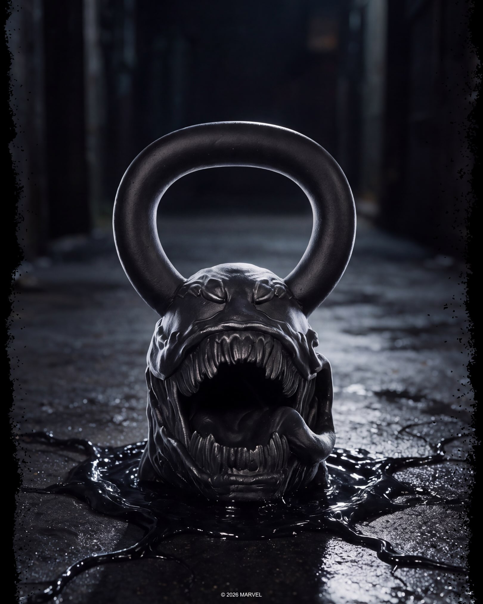 Venom character kettlebell with a wide toothy mouth and circular handle