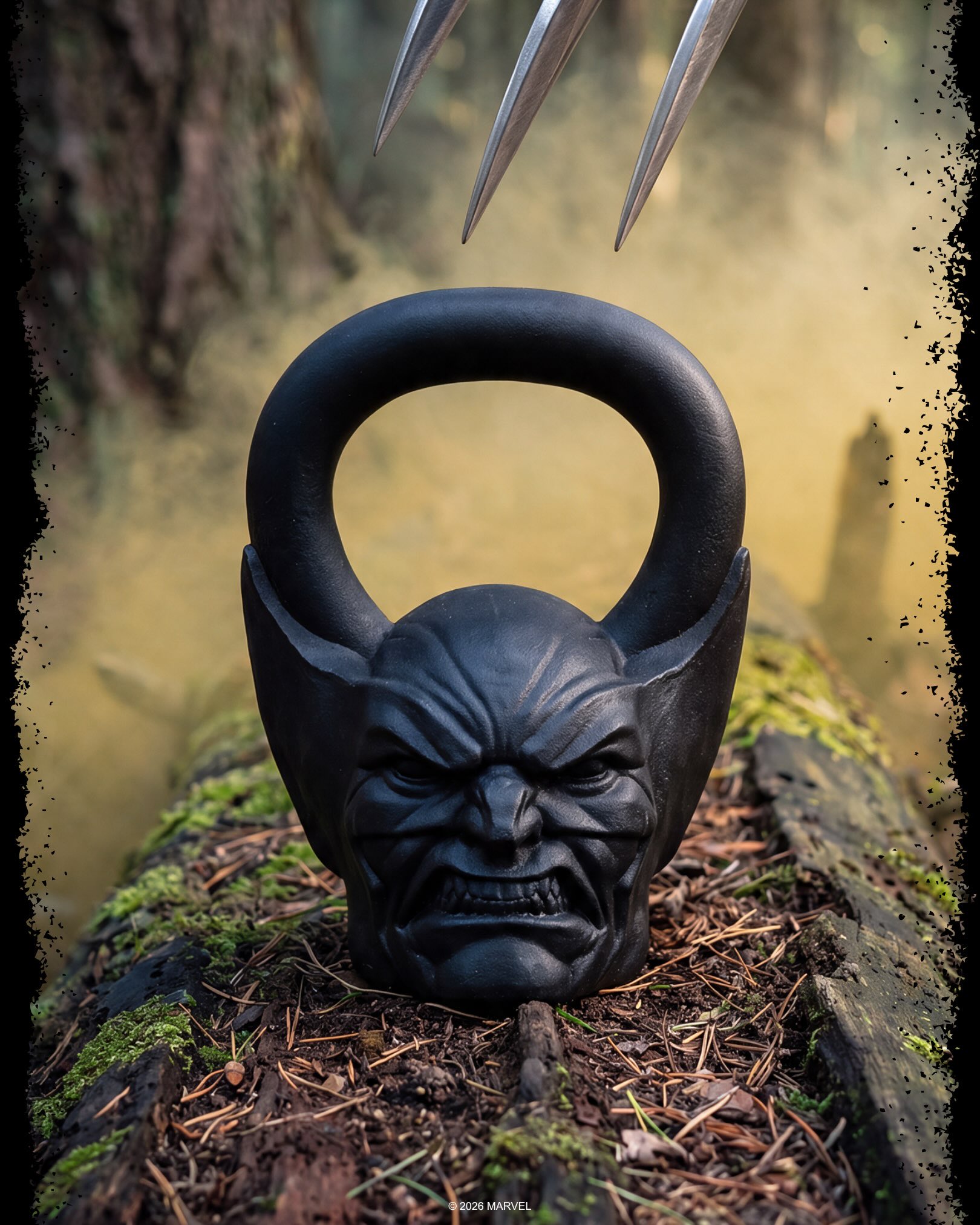 Wolverine character kettlebell with claws above a black sculpted head