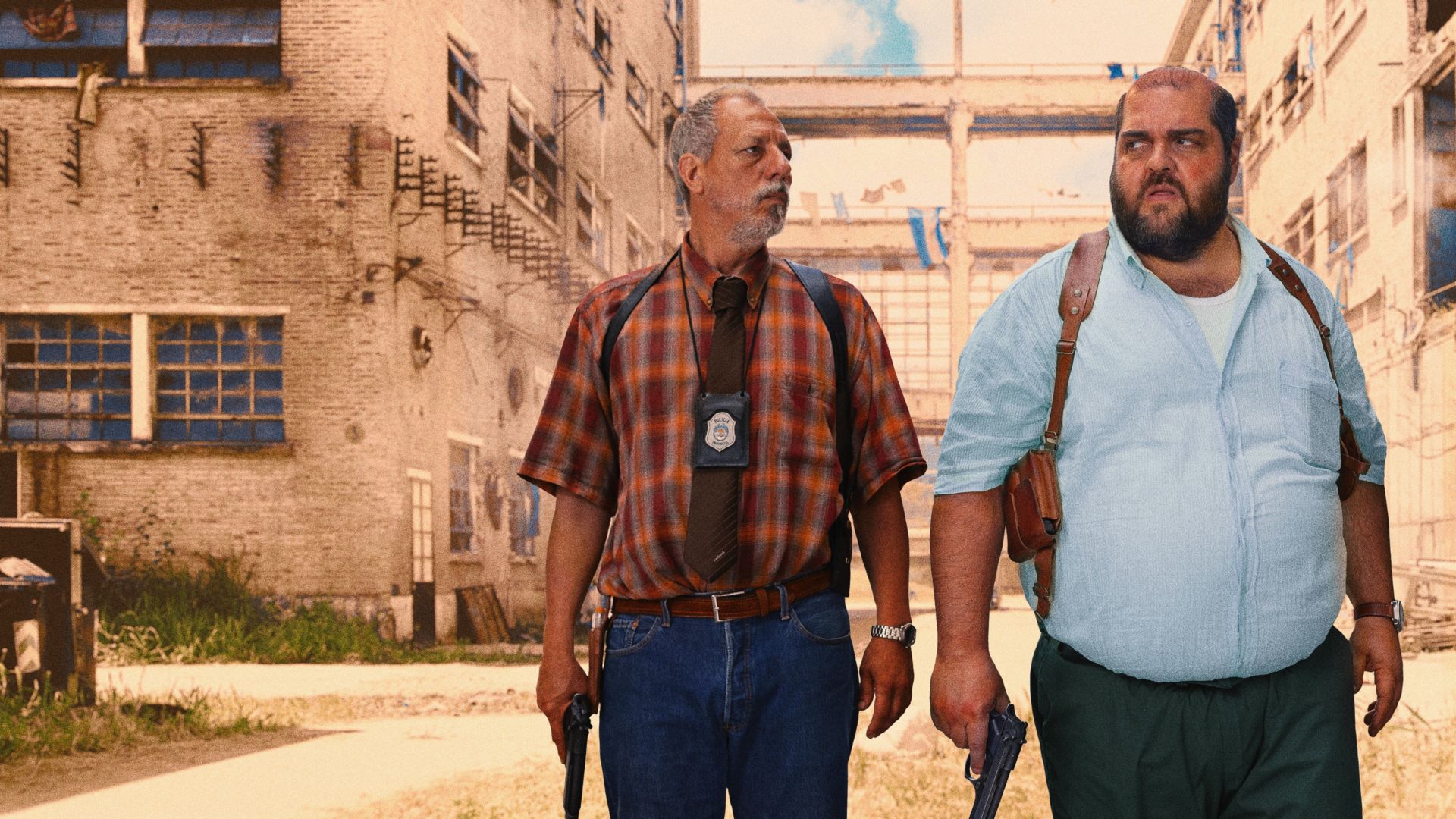 Deputy Commissioner Gutierrez and a colleague stand in an industrial district in My Name is Gutierrez
