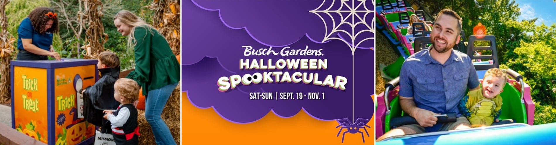 Families at Busch Gardens Halloween Spooktacular with the event dates shown in the center panel